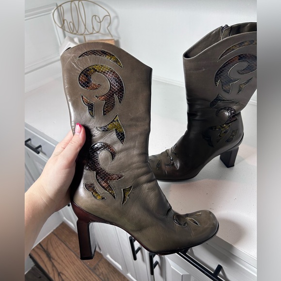 Vintage Graye Leather Western Boots 6.5/7 Y2K Heeled Cowboy Boots Cutout Detail - Picture 7 of 8